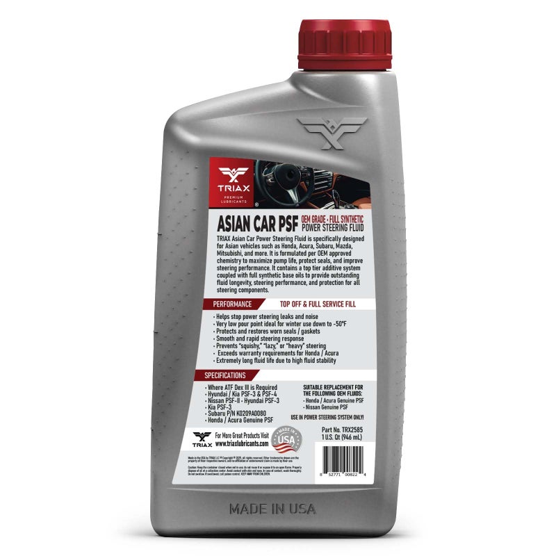 TRIAX Asian Car PSF Hydraulic & Electric Full Synthetic OEM Grade Power Steering Fluid | Compatible with Honda, Acura, Toyota, Lexus, Nissan, Infiniti, Mazda, Hyundai, Kia & More (1 Quart) - Image 2
